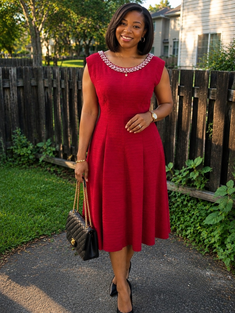Studio One Crimson Midi Dress with Jeweled Scoop Neckline